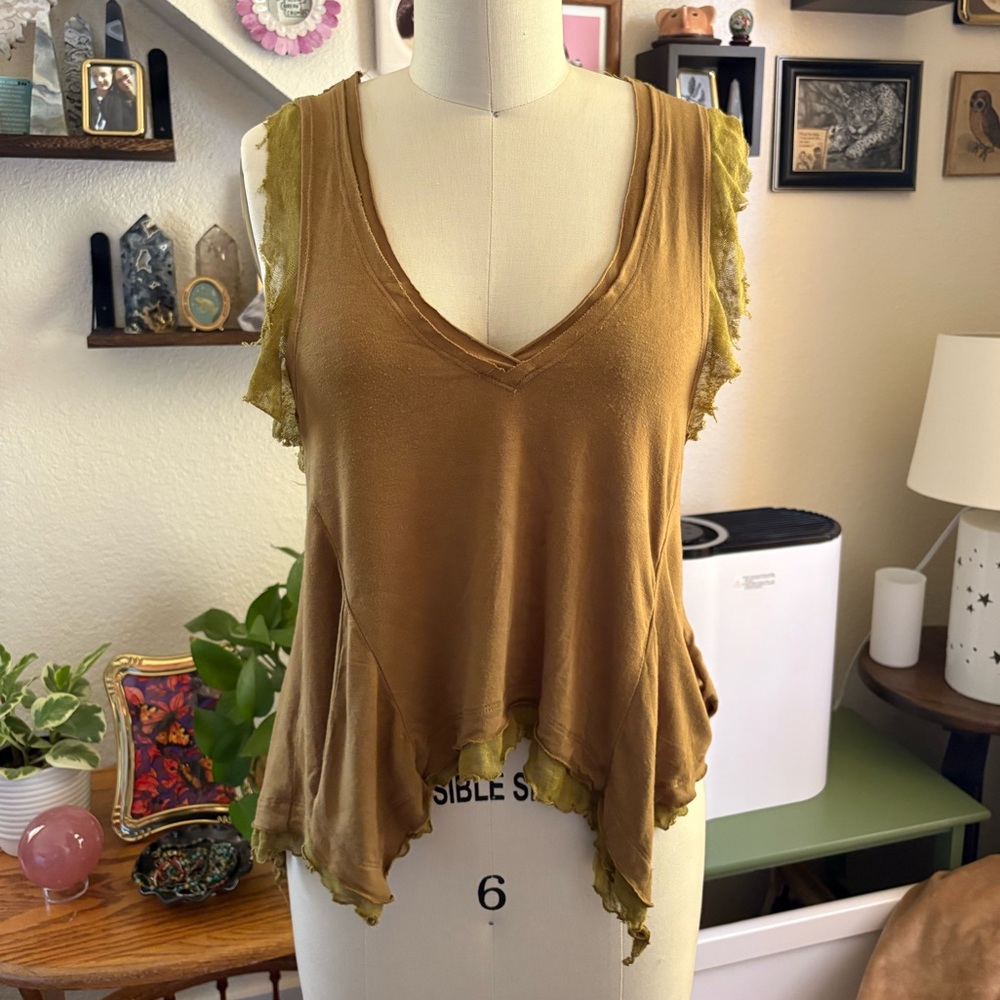 Free People Mustard Yellow & Olive Green Layered Tank Top